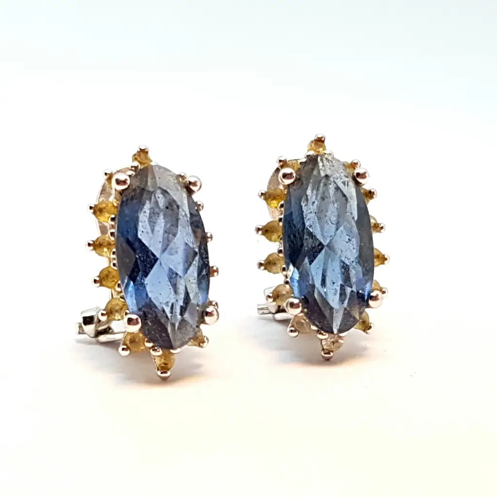 Pendientes art déco de plata azul piedras blancas Circa 1970. Joyas