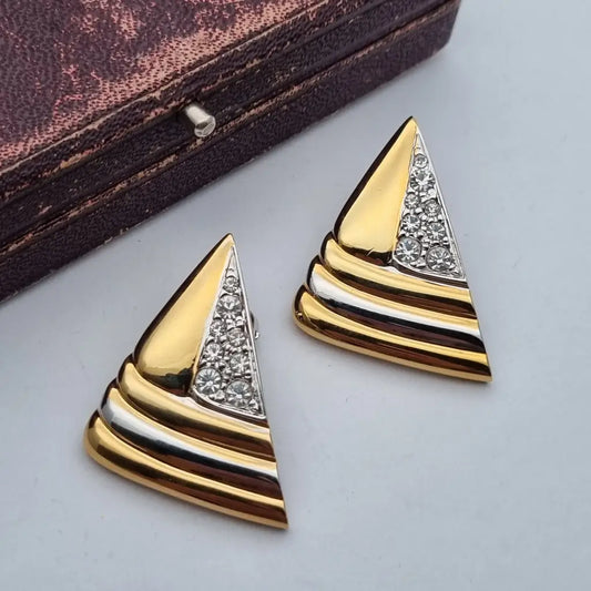 Pendientes triangulares con clip joyería de moda NOS Vintage años 80s diamantes