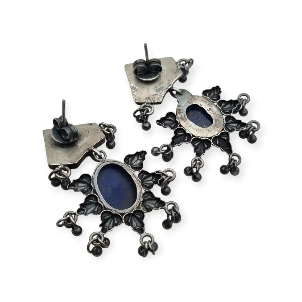 Pendientes tribales artesanales en plata con piedra azul estilo boho