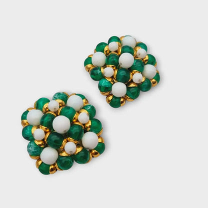 Pendientes vintage cuadrados joyas de oro con pedrería verde y blanca años 80