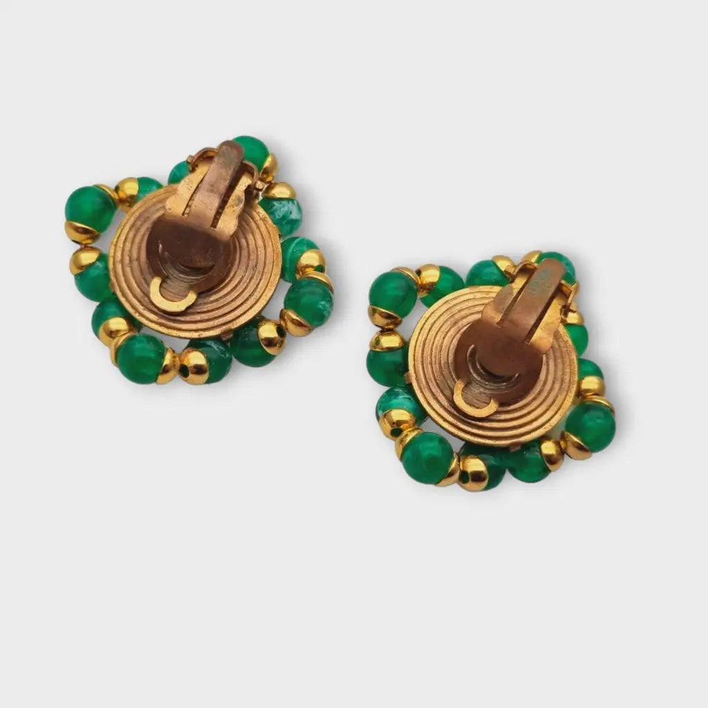 Pendientes vintage cuadrados joyas de oro con pedrería verde y blanca años 80