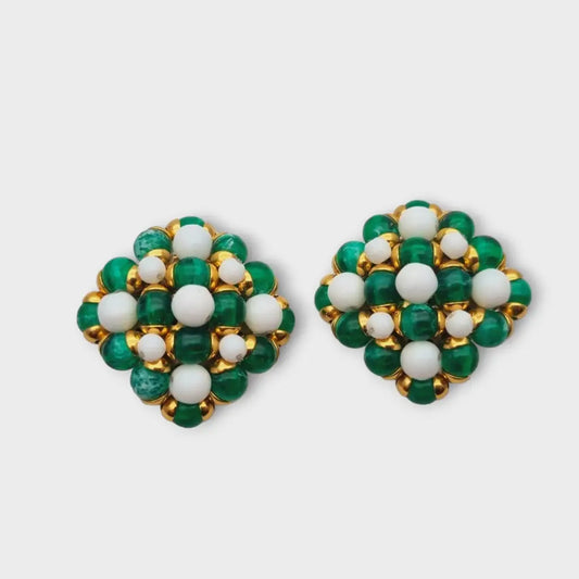 Pendientes vintage cuadrados joyas de oro con pedrería verde y blanca años 80