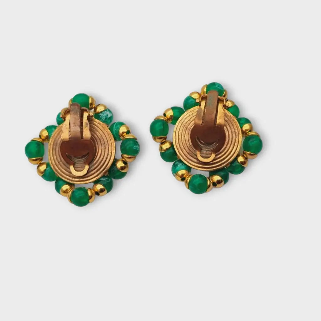 Pendientes vintage cuadrados joyas de oro con pedrería verde y blanca años 80