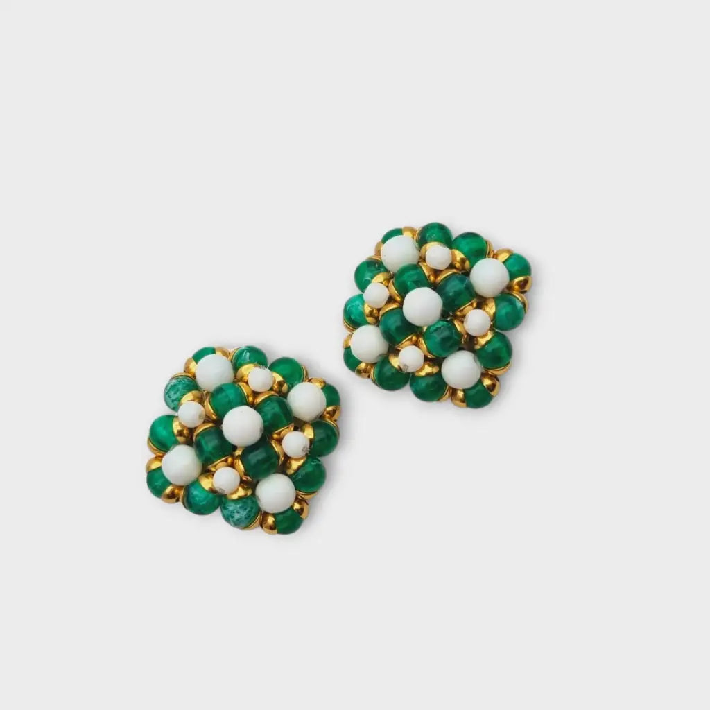 Pendientes vintage cuadrados joyas de oro con pedrería verde y blanca años 80