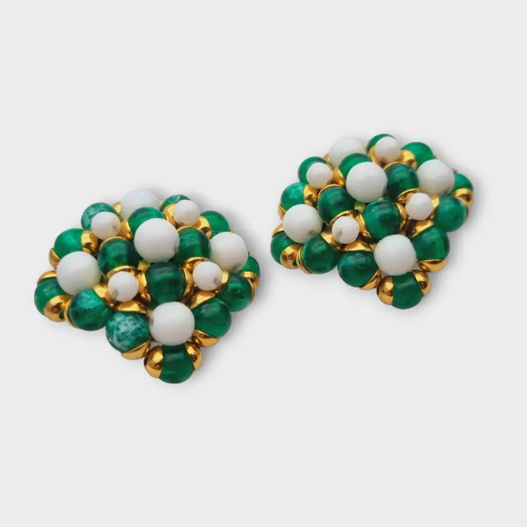 Pendientes vintage cuadrados joyas de oro con pedrería verde y blanca años 80
