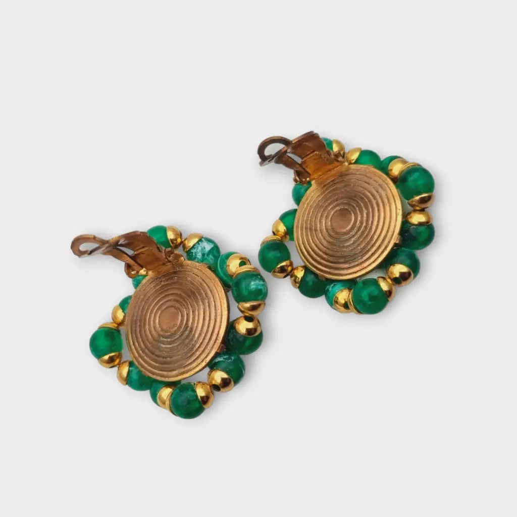 Pendientes vintage cuadrados joyas de oro con pedrería verde y blanca años 80