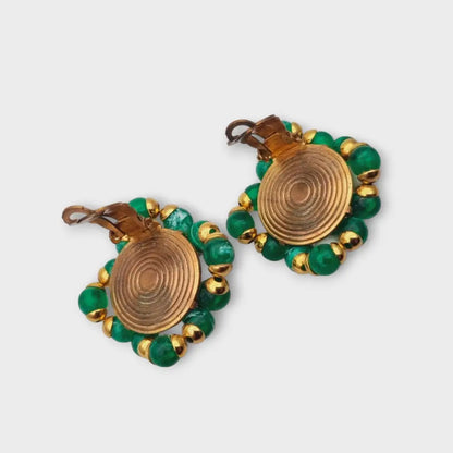Pendientes vintage cuadrados joyas de oro con pedrería verde y blanca años 80