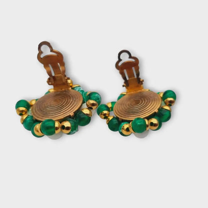 Pendientes vintage cuadrados joyas de oro con pedrería verde y blanca años 80