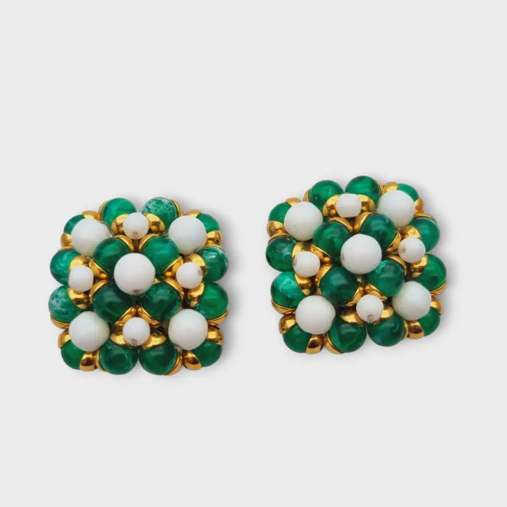 Pendientes vintage cuadrados joyas de oro con pedrería verde y blanca años 80