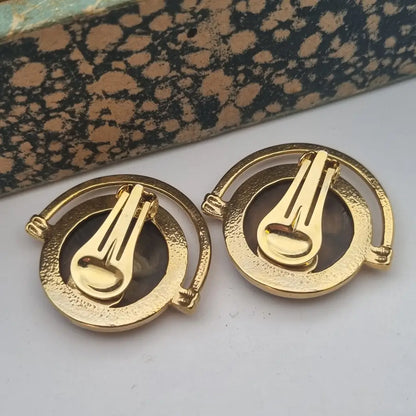 Pendientes vintage NOS grandes y redondos de los años 80 marrones dorados