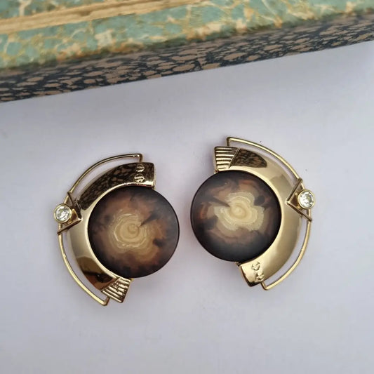 Pendientes vintage NOS grandes y redondos de los años 80 marrones dorados