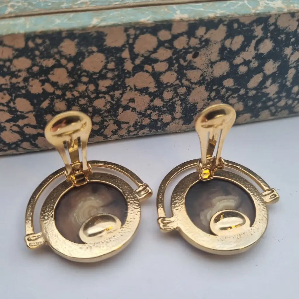 Pendientes vintage NOS grandes y redondos de los años 80 marrones dorados