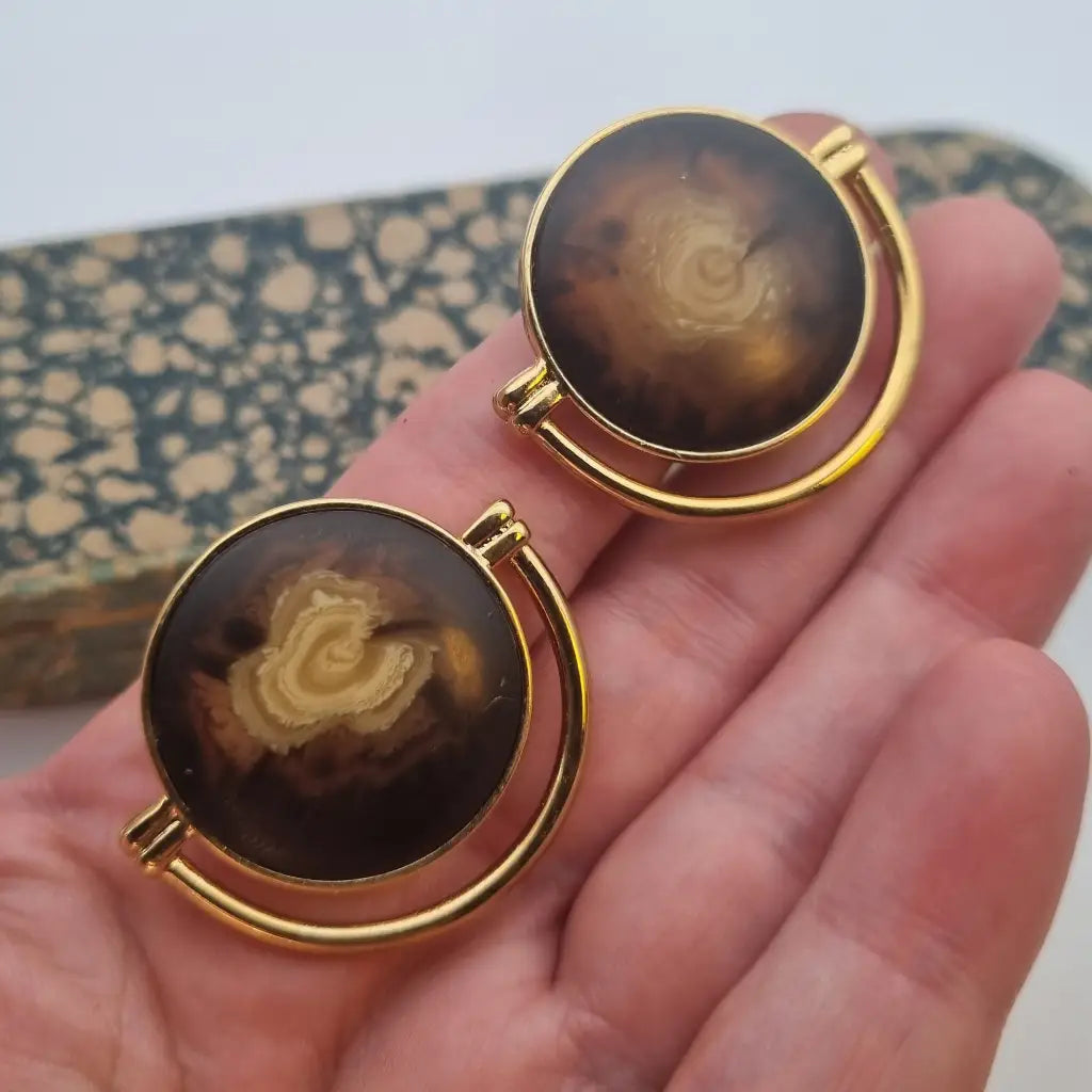 Pendientes vintage NOS grandes y redondos de los años 80 marrones dorados