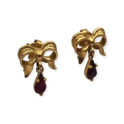 Pendientes vintage en metal dorado forma de lazo con colgante lágrima años