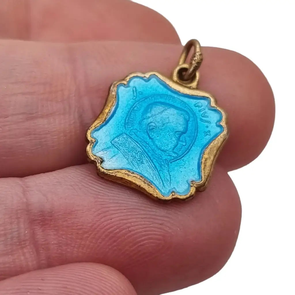 Antiguo colgante Religioso en plata de Pío X esmalte azul medalla la Virgen