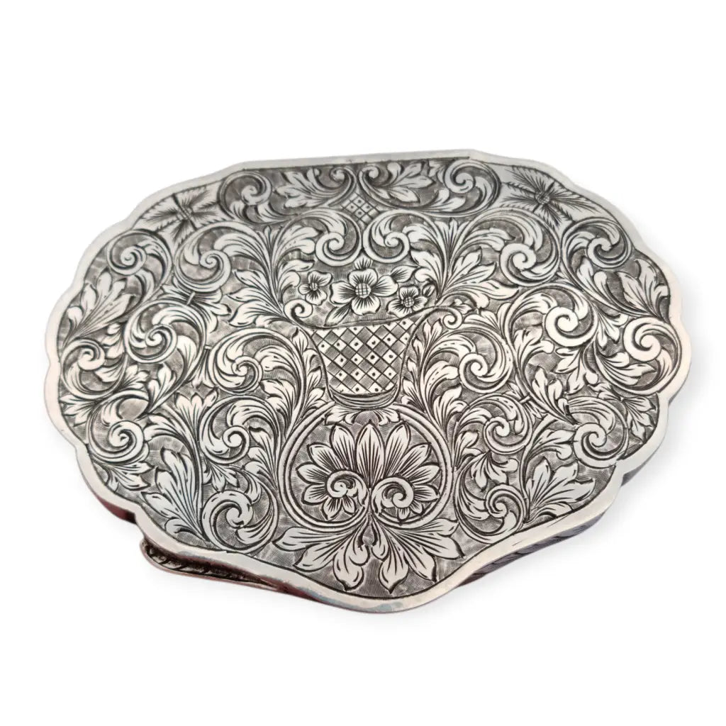 Polvera antigua italiana de plata 800 con espejo interior grabado floral años