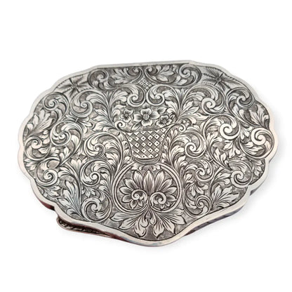 Polvera antigua italiana de plata 800 con espejo interior grabado floral años