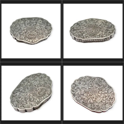 Polvera antigua italiana de plata 800 con espejo interior grabado floral años