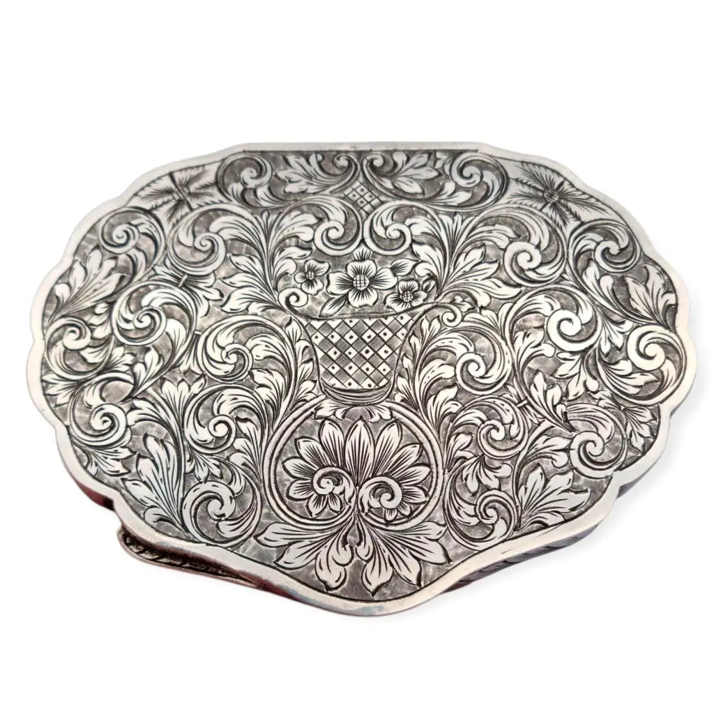 Polvera antigua italiana de plata 800 con espejo interior grabado floral años