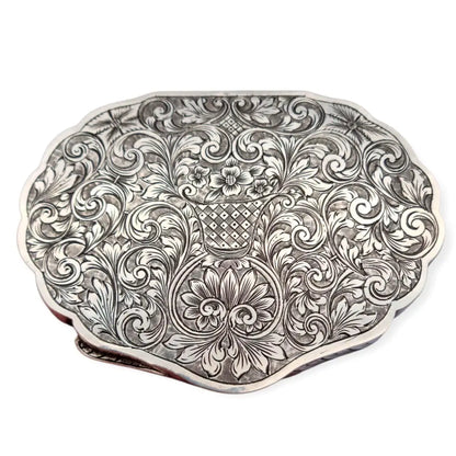 Polvera antigua italiana de plata 800 con espejo interior grabado floral años