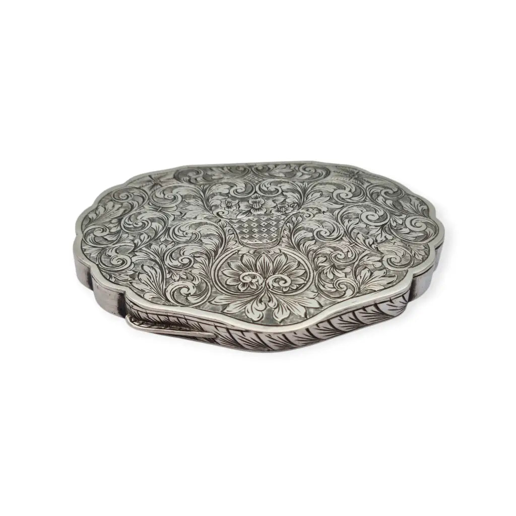 Polvera antigua italiana de plata 800 con espejo interior grabado floral años