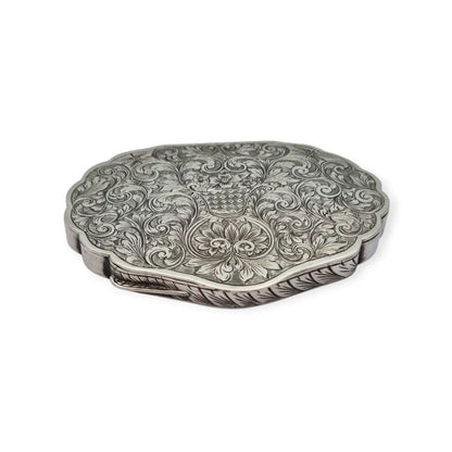 Polvera antigua italiana de plata 800 con espejo interior grabado floral años
