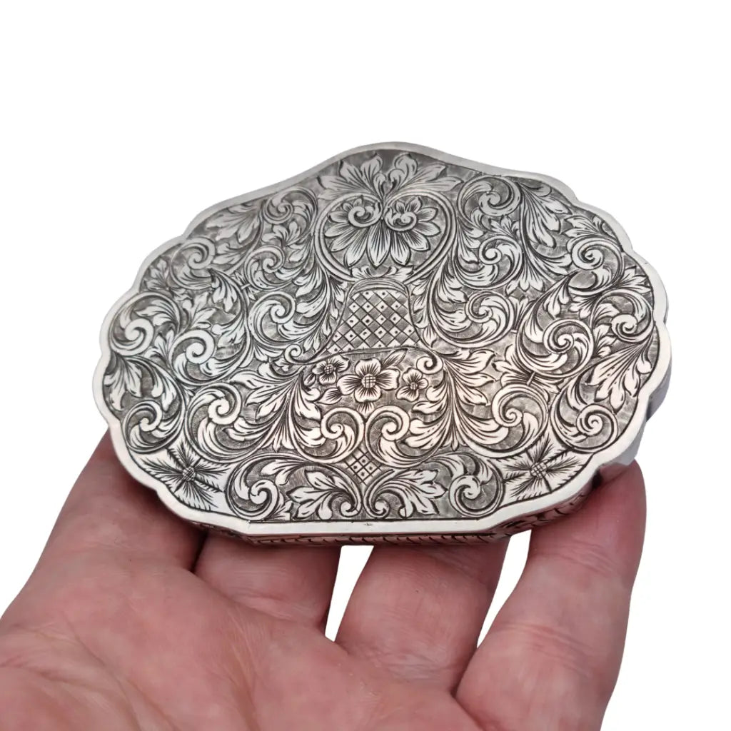 Polvera antigua italiana de plata 800 con espejo interior grabado floral años