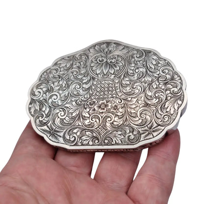 Polvera antigua italiana de plata 800 con espejo interior grabado floral años