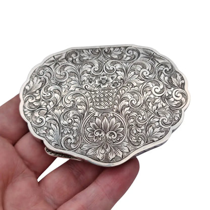 Polvera antigua italiana de plata 800 con espejo interior grabado floral años