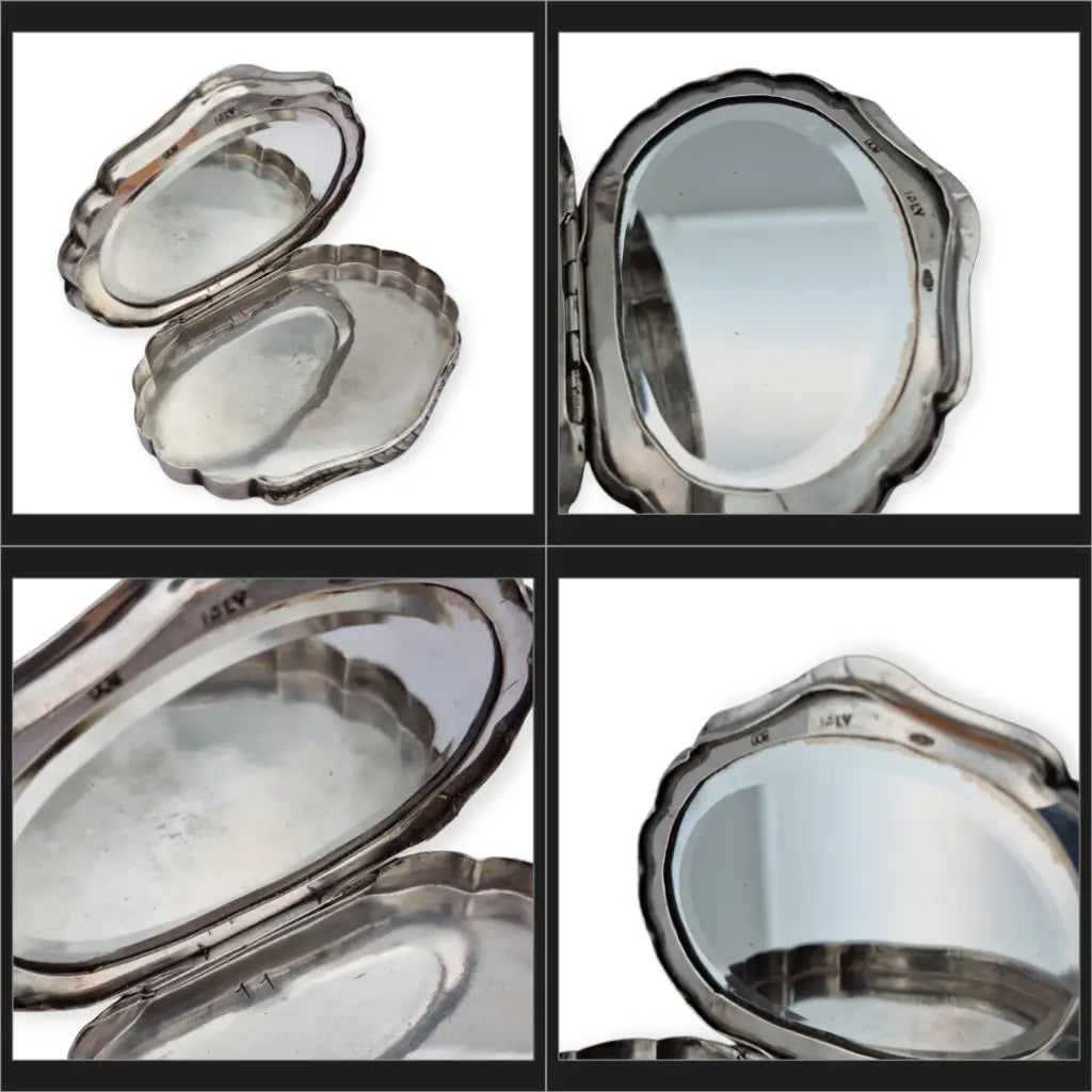 Polvera antigua italiana de plata 800 con espejo interior grabado floral años