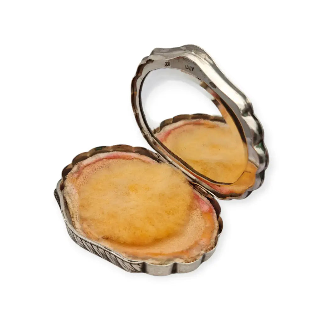 Polvera antigua italiana de plata 800 con espejo interior grabado floral años
