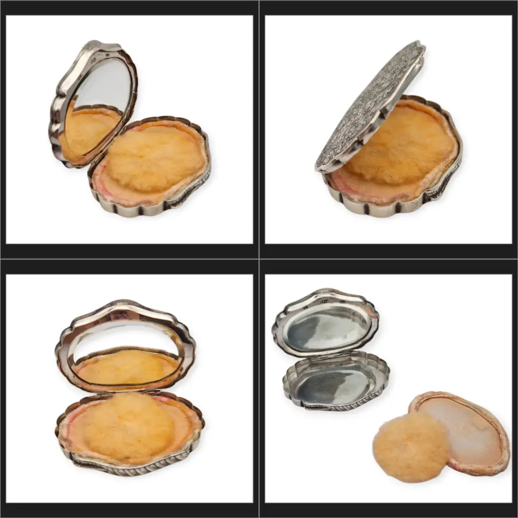 Polvera antigua italiana de plata 800 con espejo interior grabado floral años