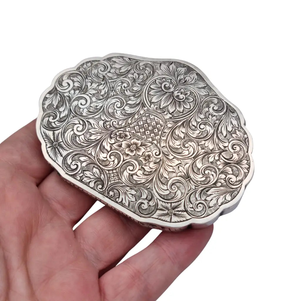 Polvera antigua italiana de plata 800 con espejo interior grabado floral años