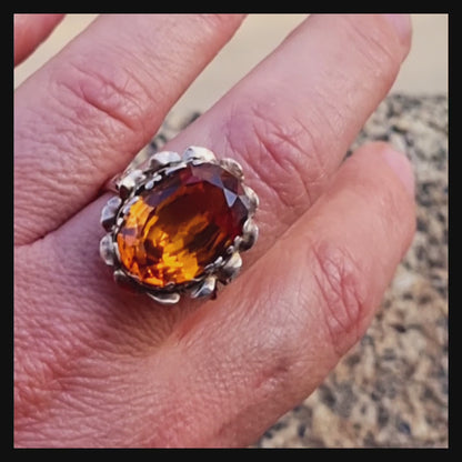 Art Deco Citrine, Gold and Silver Cocktail Ring for Women, 40s-50s, Gifts.