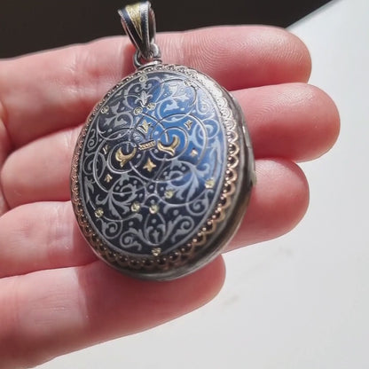 Victorian locket in nielloed silver with gold inlay, Patent LXV, XIX.