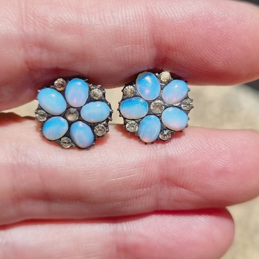 Edwardian silver shirt studs with opalescent glass and rhinestone, circa 1900