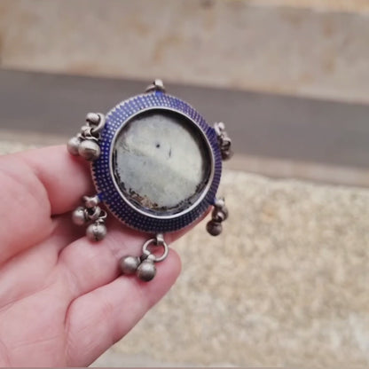 Raro anillo espejo boho de plata antiguo esmalte azul, afganistán, joya tribal.