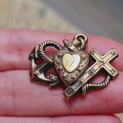 Victorian Sweetheart Brooch: gold heart, cross and anchor, women's gifts.