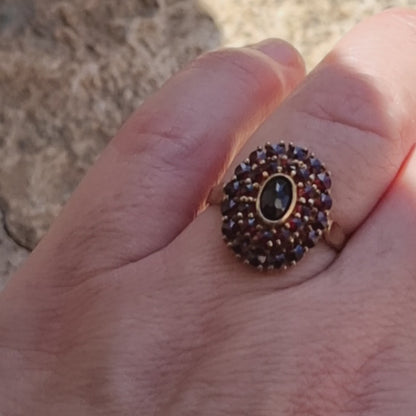 9k yellow gold and garnet ring, germany, 375, victorian style.