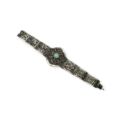Pulsera antigua de plata firmada • jade verde central y dragones calados • Art