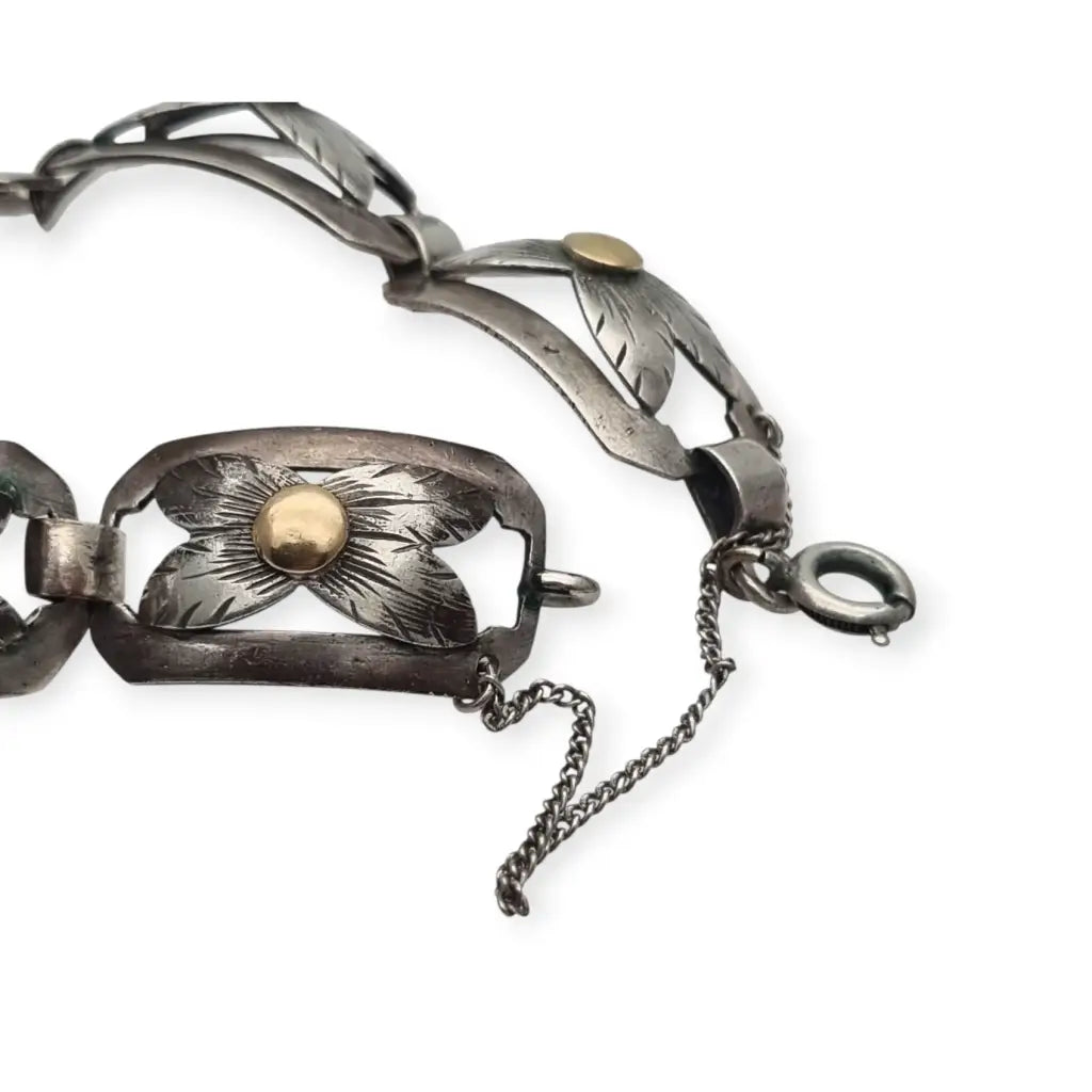 Pulsera Art Decó tardío en plata y vistas de oro años 40-50 eslabones calados