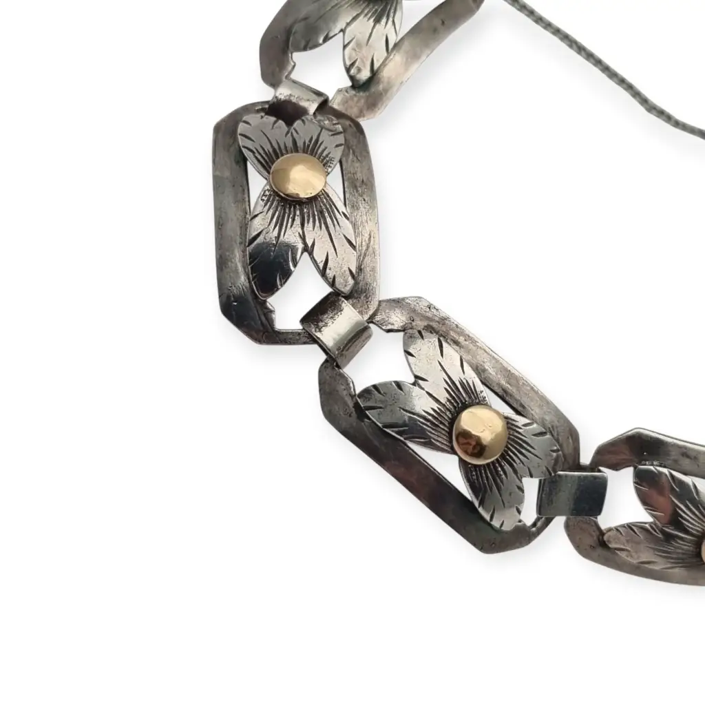 Pulsera Art Decó tardío en plata y vistas de oro años 40-50 eslabones calados