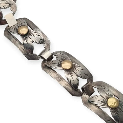 Pulsera Art Decó tardío en plata y vistas de oro años 40-50 eslabones calados
