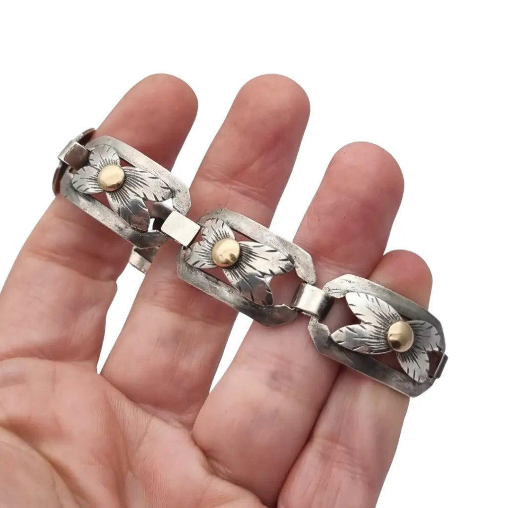 Pulsera Art Decó tardío en plata y vistas de oro años 40-50 eslabones calados