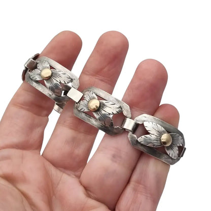 Pulsera Art Decó tardío en plata y vistas de oro años 40-50 eslabones calados