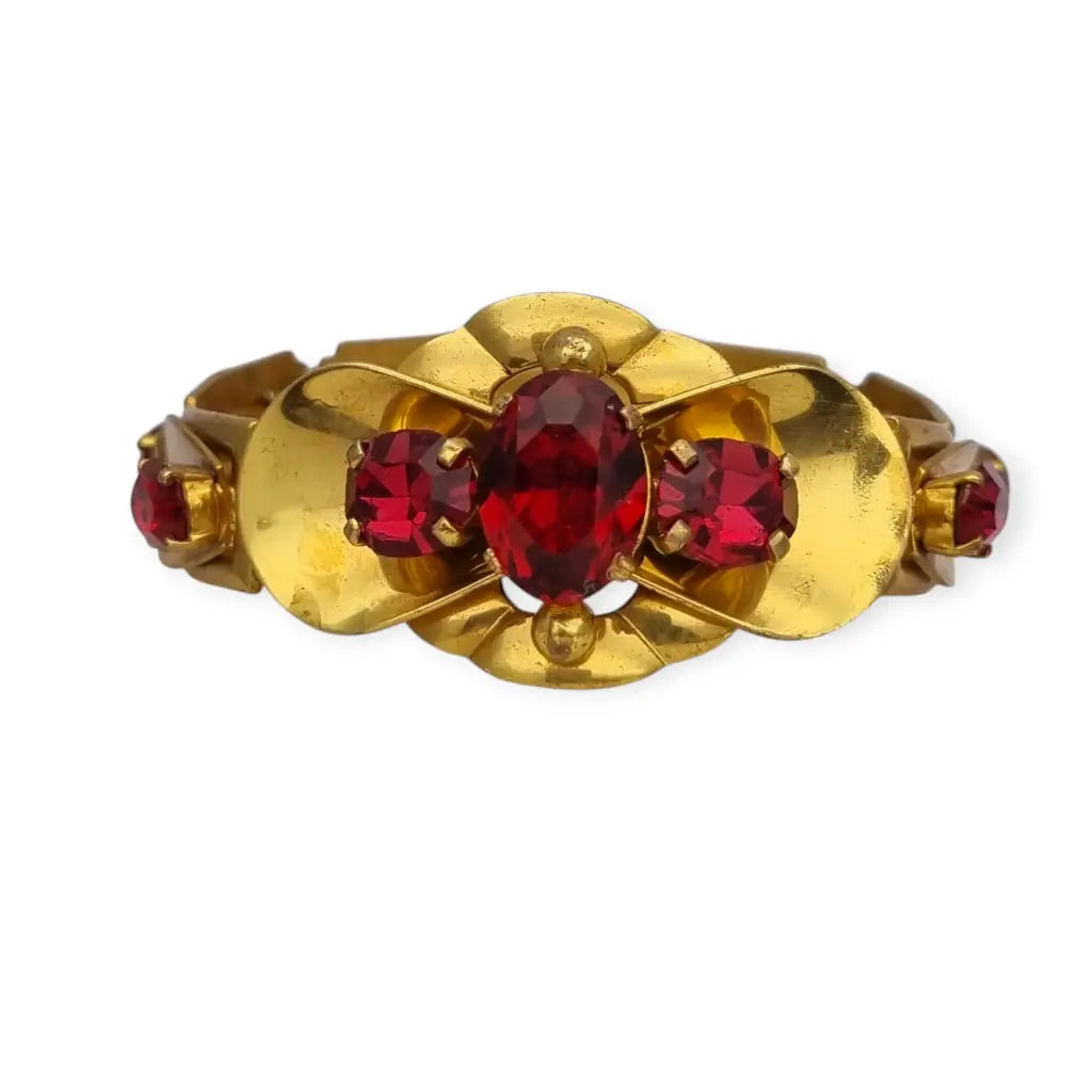 Pulsera Checoslovaca de metal Dorado con Cristales Rojos Circa 1910.