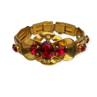 Pulsera Checoslovaca de metal Dorado con Cristales Rojos Circa 1910.