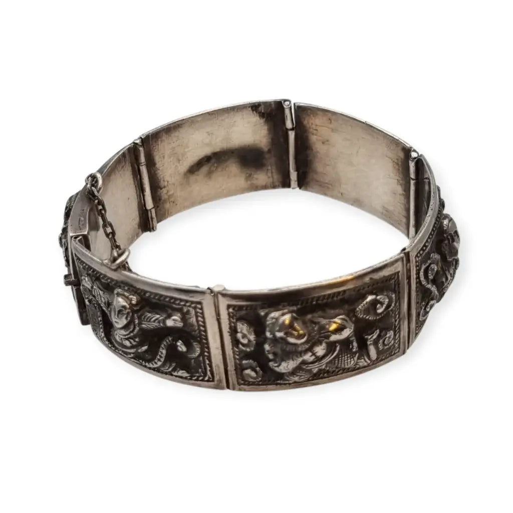 Pulsera de plata victoriana angloindia con seis deidades budistas joyería