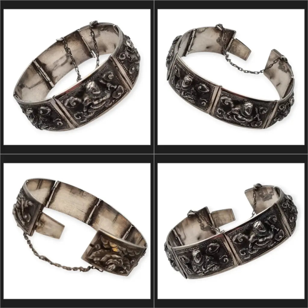 Pulsera de plata victoriana angloindia con seis deidades budistas joyería