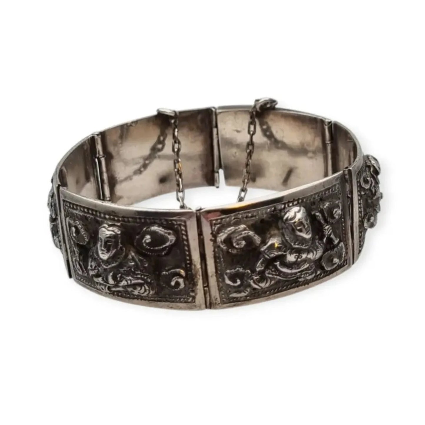 Pulsera de plata victoriana angloindia con seis deidades budistas joyería